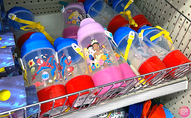 Spiderman and Disney Princess Character Tumblers in shelf