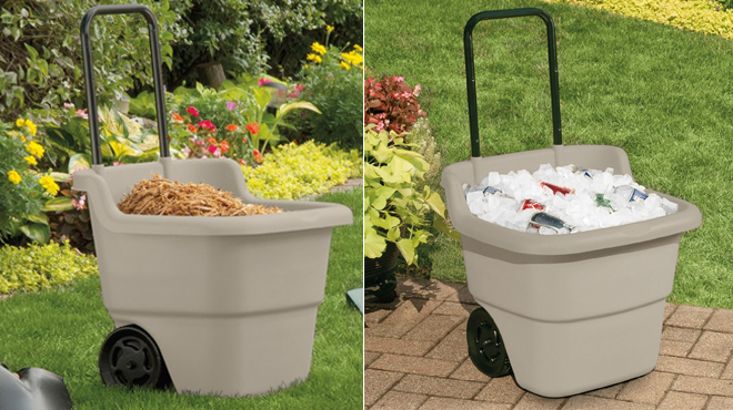 Suncast 15 Gallon Utility Cart filled with hay on the left and ice on the right