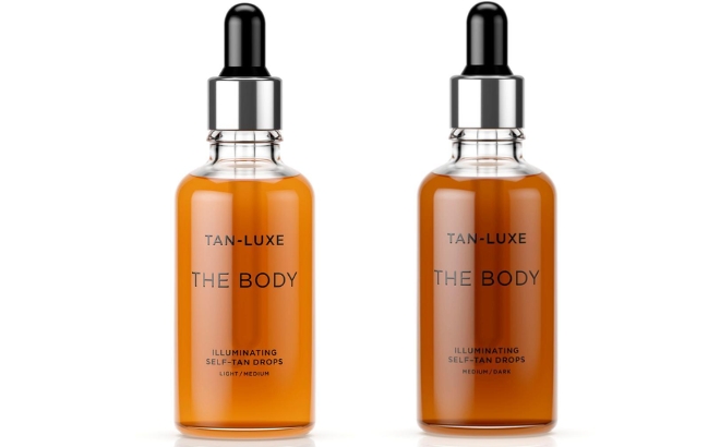 Tan Luxe The Body Self Tan Drops in Light Medium on the Left and in Medium Dark on the Right