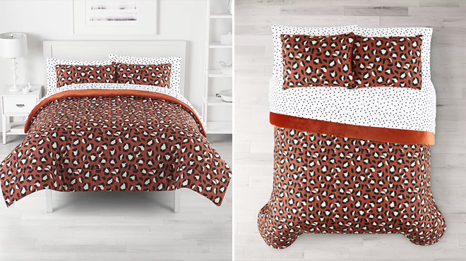 The Big One Clay Cheetah Reversible Plush Comforter Set Front and Top View