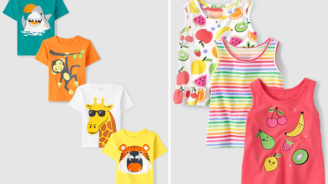 The Childrens Place Animal Graphic Tee 4 Pack on the Left and Fruit Tank Top 3 Packon the Right