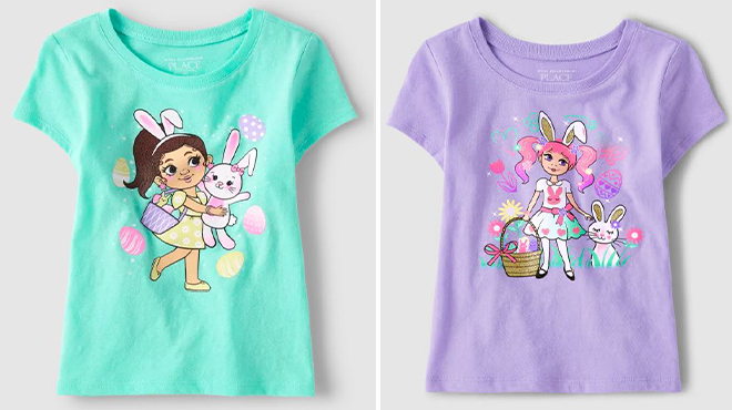 The Childrens Place Gilrs Easter Graphic Tees in Mellow Aqua and Petal Puple Colors