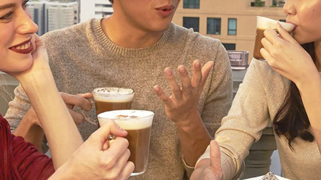 Three People Taking a Sip of Nescafe Tasters Choice Instant Coffee