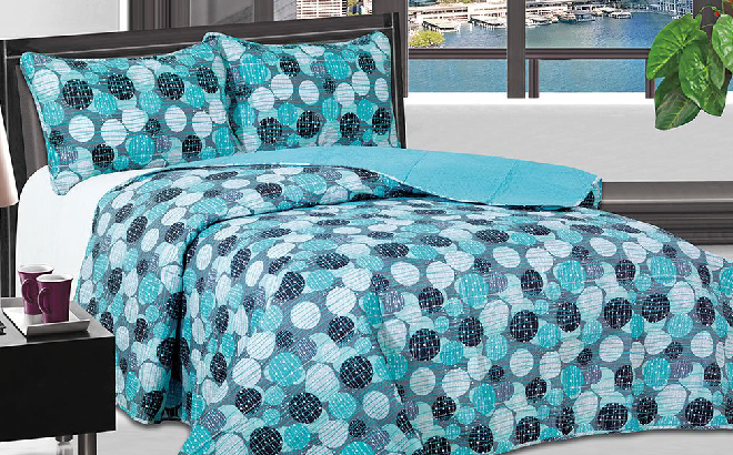 Turquoise Black Geometric 3 Piece Quilt Set