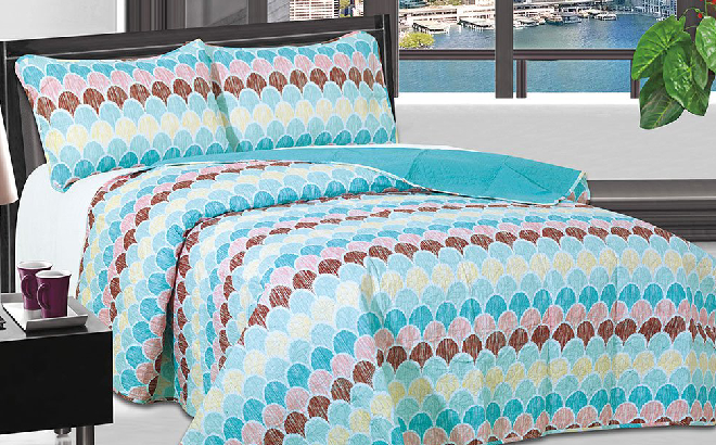 Turquoise Brown Scales 3 Piece Quilt Set