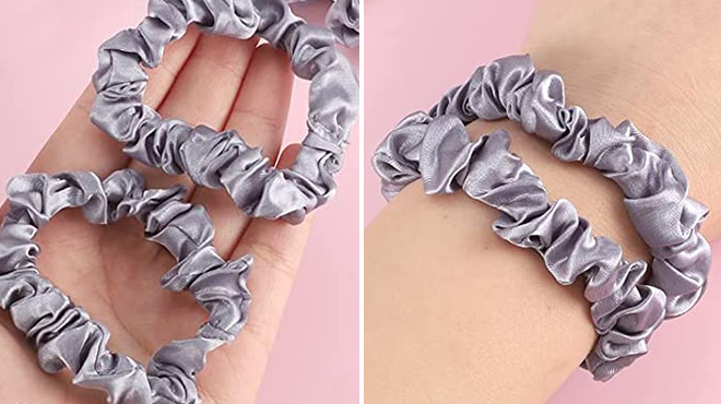 Two Gray Satin Scrunchies on the Left and Same Satin Scrunchies on the Wrist on the Right