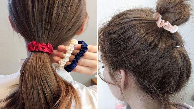 Woman Wearing a Red Scrunchie While Holding Two Scrunchies on the Left and a Woman Wearing Peach Scrunchie on the Right