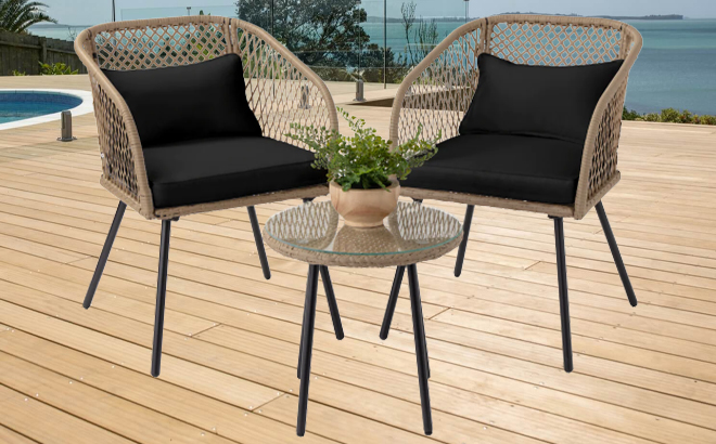 3 Piece Outdoor Diamond Weaver Wicker Bistro Set on a Wooden Deck