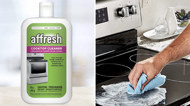 A Bottle of Affresh 10 Ounce Cooktop Cleaner on the Left and a Man Cleaning a Cooktop on the Right