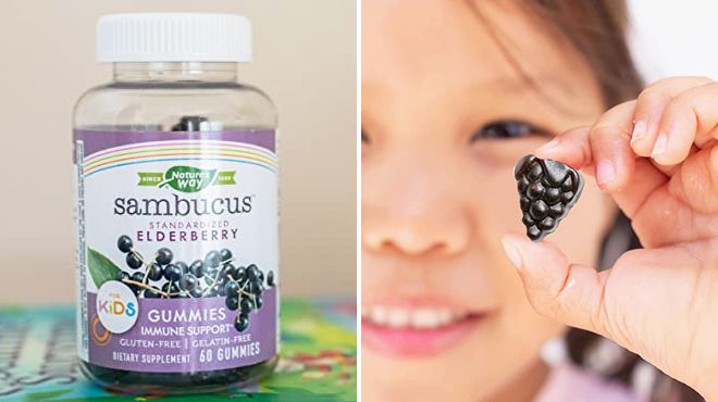 A Bottle of Natures Way Sambucus Elderberry Gummies 60 Count on the Left and A Girl Holding the Same Item on the Right