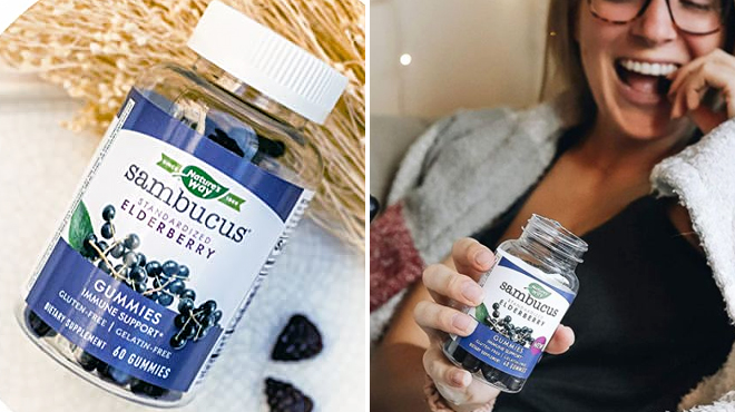 A Bottle of Natures Way Sambucus Elderberry Gummies 60 Count on the Left and Woman Holding the Same Item on the Right