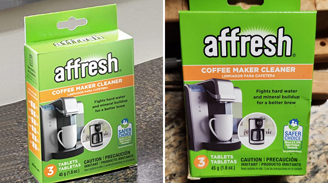 A Box of Affresh 3 Count Coffee Maker Cleaner on the Left and Front View of Same Item on the Right