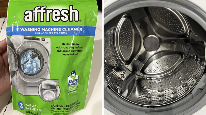 A Pack of Affresh 3 Count Washing Machine Cleaner on the Left and a Clean Washing Machine on the Right