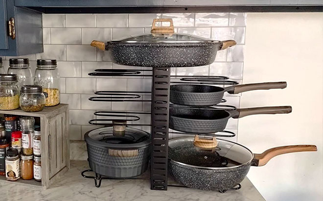 Adjustable Pan Organizer Rack on a Kitchen Countertop