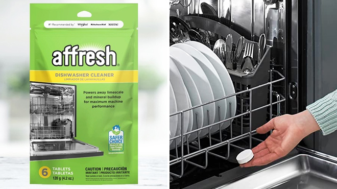 Affresh 6 Count Dishwasher Cleaner on the Left and a Hand Putting Affresh Cleaner Inside Dishwasher on the Right