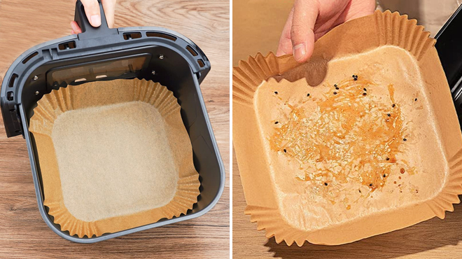 Air Fryer Parchment Paper Liner in an Air Fryer on the Left and Hand Holding the Same Item on the Right