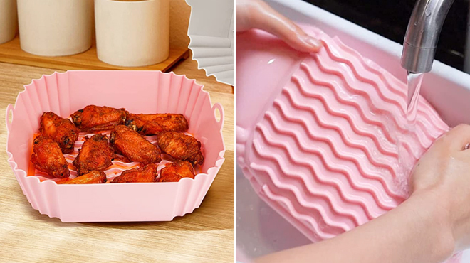 Air Fryer Silicone Liner in Pink Color on the Left and a Hand Washing the Same Item on the Right