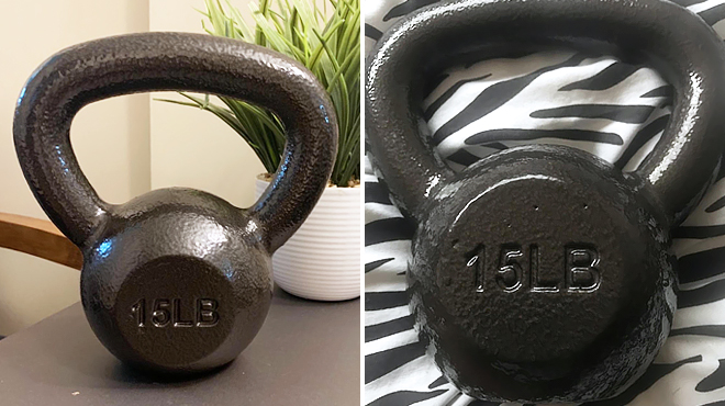 Amazon Basics Cast Iron 15 Pound Kettlebell on a Desk on the Left and Same Item on the Bed on the Right