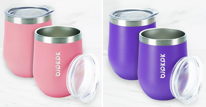 BJPKPK 12 Ounce Insulated Wine Tumbler with Lid 2 Pack Light Pink and Dark Purple Colors