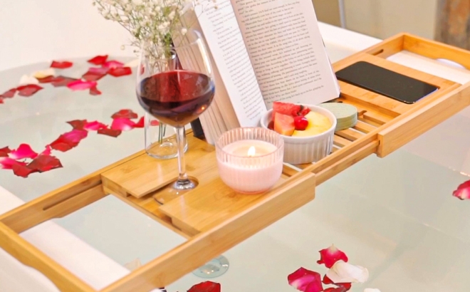 Bambusi Bamboo Bathtub Tray With Extending Sides on a Bathtub