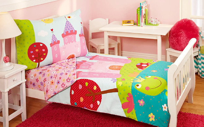 Bed Covered with 4 Piece Bedding Set in Fairytale Color