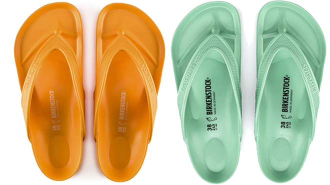 Birkenstock Womens Honolulu EVA Sandals Zinnia Color on the Left And Bold Jade Color on the Right