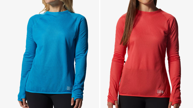 Blue Mountain Hardwear Womens AirMesh Long Sleeve Crew on the Left and Red on the Right