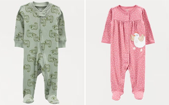 Carters Baby Chameleon 2 Way Zip Sleep Play and Baby Girl Chicken Polka Dot Snap Sleep Play