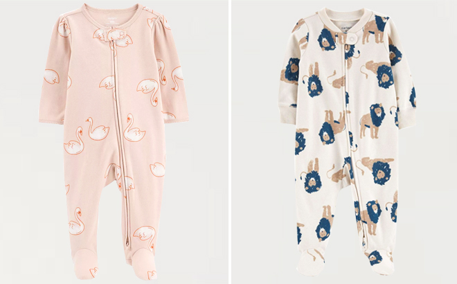 Carters Baby Girl Swan Print 2 Way Zip Cotton Sleep Play and Baby Boy Lion 2 Way Zip Sleep Play