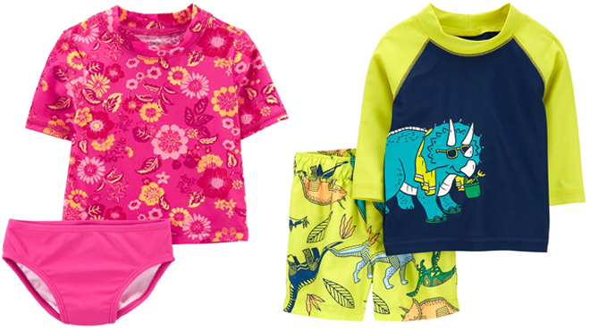 Carters Toddler Floral Rashguard Set and Infant Dinosaur Rashguard Set