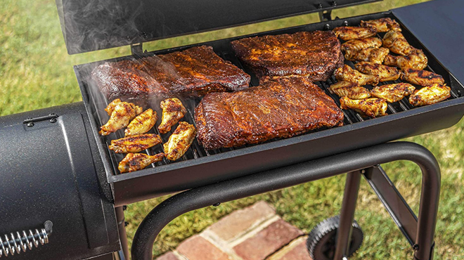 Char Broil Offset Standard Smoker with Meat being Grilled