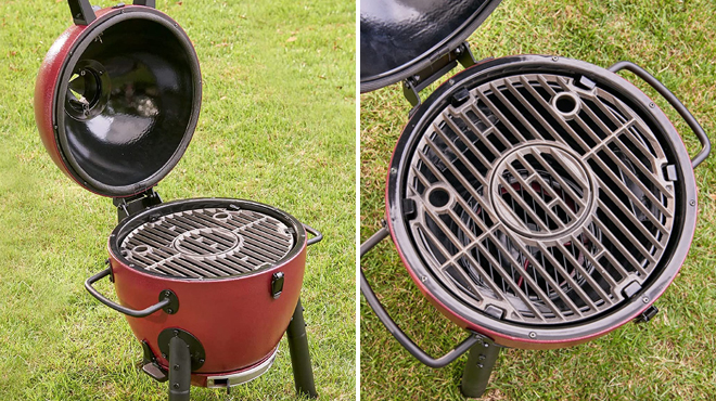 Char Griller Portable Kamado Charcoal Grill in Red Color on the Left and Closer Look of the Same Item on the Right