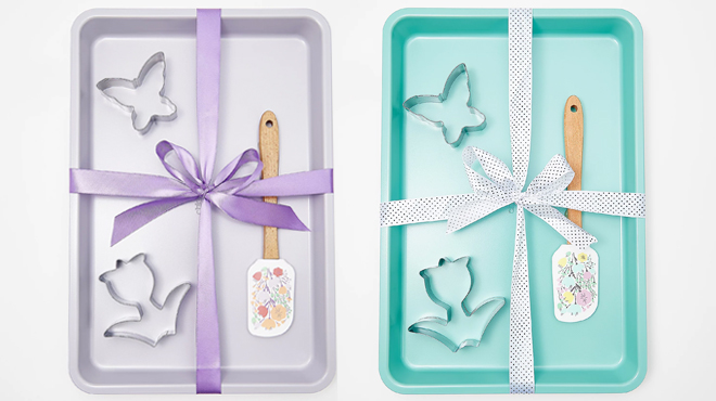 Chicago Metallic Baking Set with Sheet Pan Lavender Color on the Left and Same Item in Teal Color on the Right