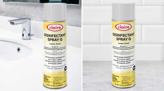 Claire Disinfectant Spray 17 Ounce in Lemon Scent on a Sink on the Left and Same Item on Kitchen Counter on the Right