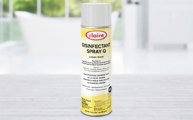 Claire Disinfectant Spray 17 Ounce in Lemon Scent on a Table