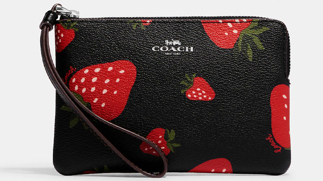 Coach Outlet Corner Zip Wristlet With Wild Strawberry Print