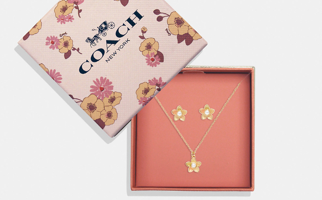 Coach Outlet Wildflower Earrings And Necklace Set in a Box on Gray Background