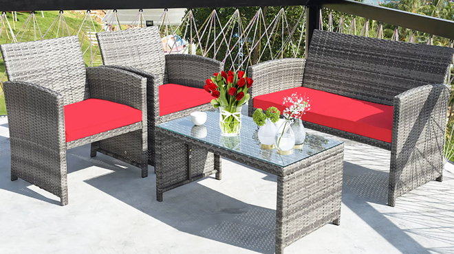 Costway 4 Piece Patio Rattan Conversation Set in Red Color