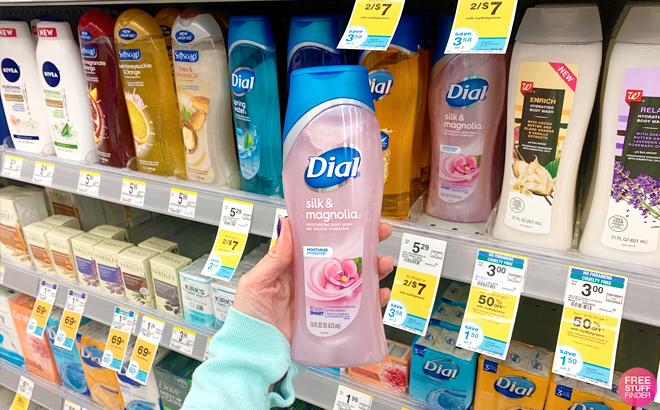 Dial Body Wash Silk Magnolia16 0fl oz in front of a Walgreens Shelf