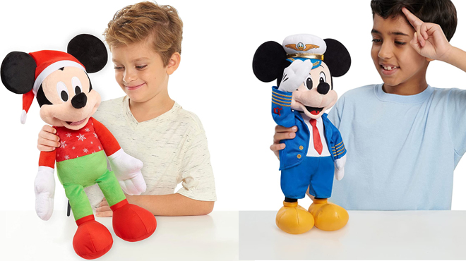 Disney Holiday Mickey Mouse Plush Toy On the Left and Disney Pilot Mickey Mouse Plush Toy on the Right