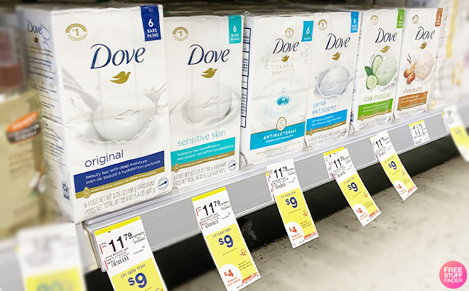 Dove Soap Bars 6 Pack on a Shelf