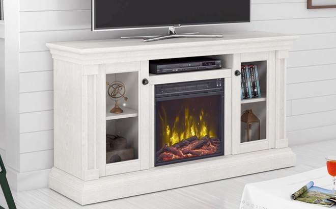 Electric Fireplace TV Stand in White Oak Color with TV and More in the Living Room