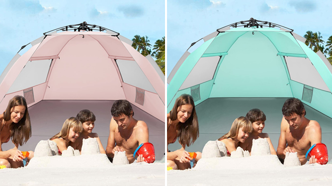 Extra Large 4 Person Pop Up Tent in Pink Color on the Left and Light Green Color on the Right