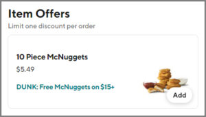 FREE McDonalds 10 Piece Chicken McNuggets DoorDash Offer