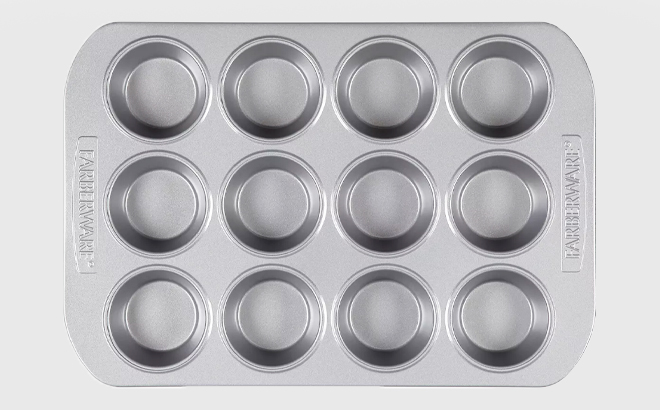 Farberware Nonstick 12 Cup Muffin Pan on a Gray Background