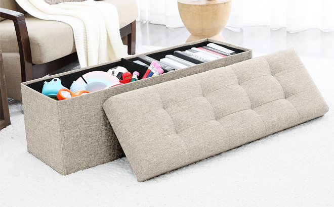 Foldable Large Storage Ottoman Bench Beige Color