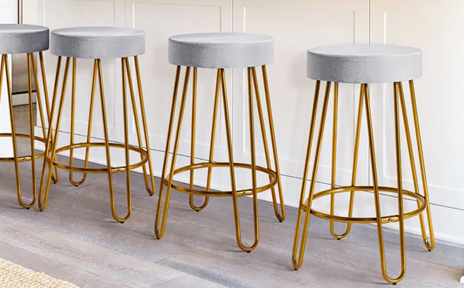 Four Velvet Bar Stools in Gray Color in the Kitchen