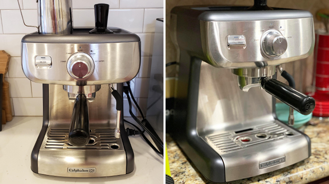 Front View of Calphalon Espresso Machine in Stainless Steel Color on the Left and Side View of Same Item on the Right
