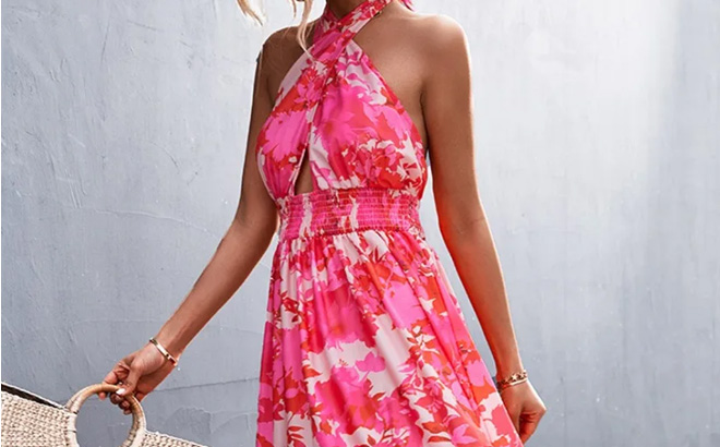 Fuchsia Color Cross Neck Halter Printed Dress