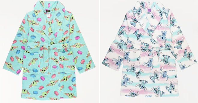Split Image of Star Wars The Mandalorian Macroons and Disney Lilo & Stitch Girls’ Robes on a Gray Background